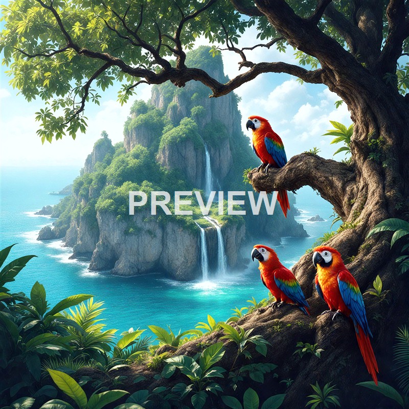 A vibrant scene of three colorful parrots perched on the branches of a large tree overlooking a lush, mountainous island with waterfalls and the ocean in the background.